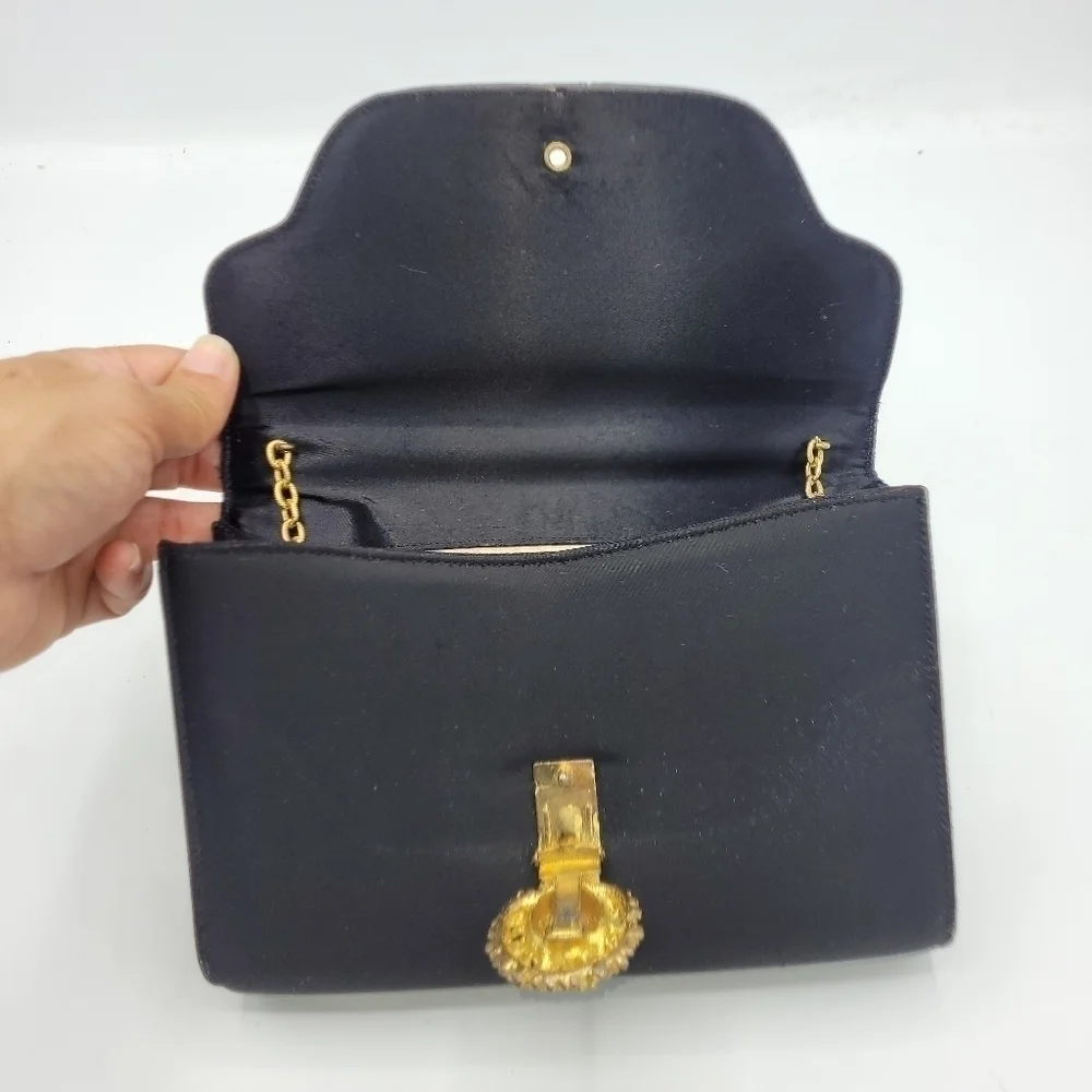 VTG Miss Lewis Black Satin Evening Clutch with Ornate Gold Face Medallion
